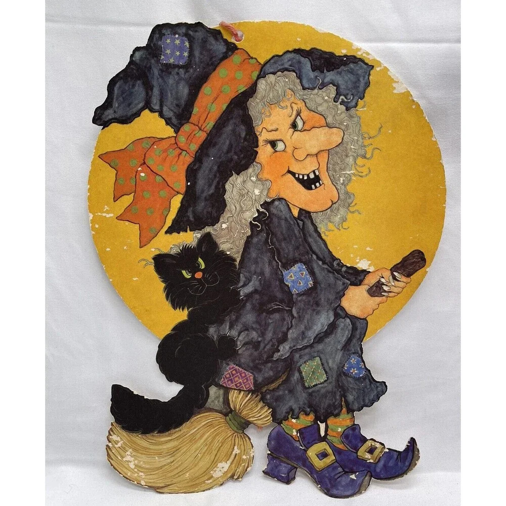 Vintage Hallmark Halloween Witch Riding Broom Cat Die Cut Wall Decoration 12”